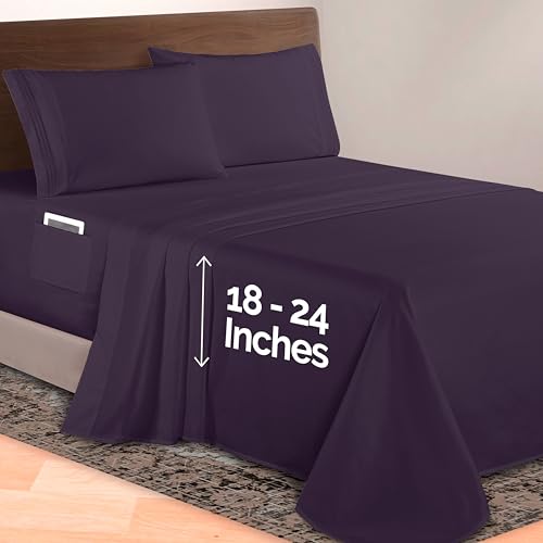 Image of Elegant Comfort Luxurious 1500 Premium Hotel Quality Microfiber 4-Piece Sheet Set, 18-24 Inches Deep - Extra Deep Pocket Sheets - Ultra Soft 4PC Deep Pocket Sheets, Full, Eggplant-Purple