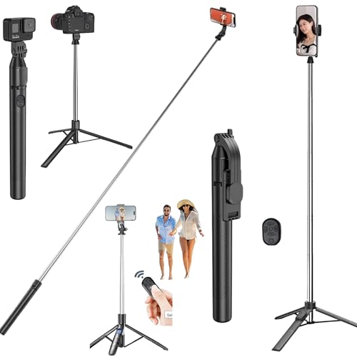 Image of 65-Inch, Extra Long,Selfie Stick Tripod Stand, Reinforced Tripod Stand, with Wireless Blutooth Remote, All-in-One Phone Tripod for iPhone, Samsung Android, Camera, GoPro