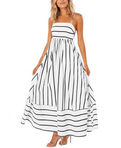 Image of chouyatou Women's Striped Back Smocked Maxi Dress Sexy Spaghetti Strap Cut Out Flowy Swing Long Dress