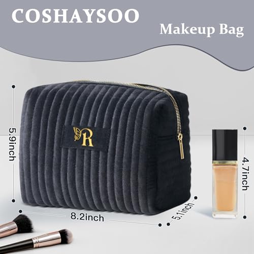 Image of COSHAYSOO Travel Makeup Bag Quilted Make Up Pouch Initial Cosmetic Case for Women Hair Eyebrow Eyeshadow Brushes Powder Foundation Blush Bronzer Contour Palette Items Organizer Black Letter R