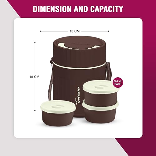 Image of Trueware SNAKK 3 Insulated Hot Lunch Box with 3 PP Container, 3 Container 300 ML Each, Food Grade, BPA Free | Office Lunch Box | Tiffin Box
