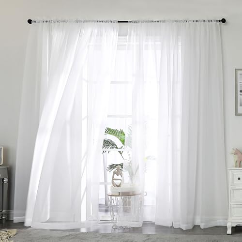 Image of OWENIE White Sheer Curtain 90 Inches Long 2 Panels Set, Solid Filmy Drapes for Living Room Bedroom, Elegant Window Voile Sheer Curtain Panels Drapes, 2 Pcs, Each 59W x 90L Inch