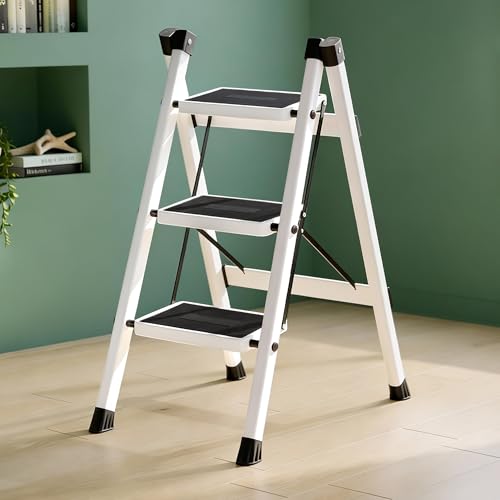 Image of Plantex 3 Step Ladder for Home Use /Wide Anti-Slip Heavy-Duty Step Stool /Lightweight Kitchen Ladder 3 Step (White)