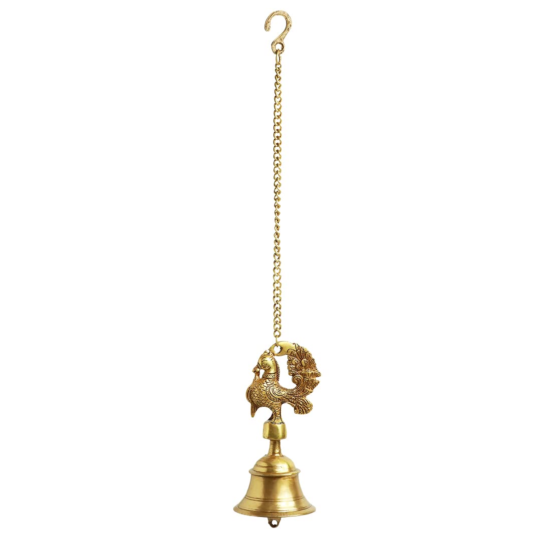 ExclusiveLane 'Elegant Peacock' Brass Hanging Bell with Chain for Temple (Set of 1, 3.7 x 3.7 x 7.7 Inch, Weight :- 2.4 lb) |Indian Puja Bells for Home Decoration Indian Style Temple Hanging Bell