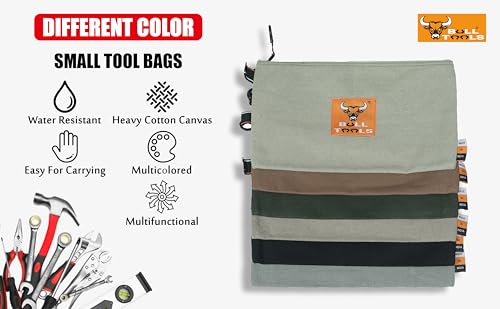 Image of BULL TOOLS Tool Pouch 100% Cotton Canvas 16 oz Tool Organizer Bag, Wrench Holder Pouch, Multi-Purpose Wrench Organizer Bag Utility Organization Bags, Heavy Duty Metal Zipper, Metal Carabiner - 6 Pack