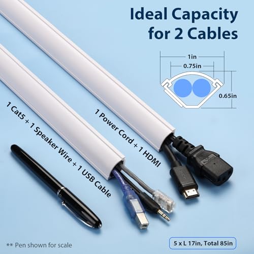 Image of ZhiYo 85in Corner Cable Hider for 2 Cords, Hide Wires in Wall Corners White | Self-Adhesive Cable Concealer, 5 Pack (17 inch Each), Quarter Round Cable Management Raceway for Baseboards & Ceiling Corners