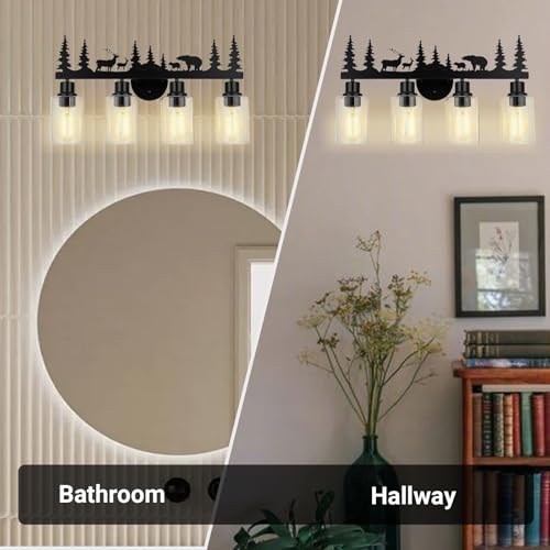Image of Rustic Bathroom Light Fixtures, 4-Light Farmhouse Vanity Lamp with Deer and Bear Design, Black Wall Lighting with Clear Glass Shade for Bathroom, Hallway, Kitchen, Porch