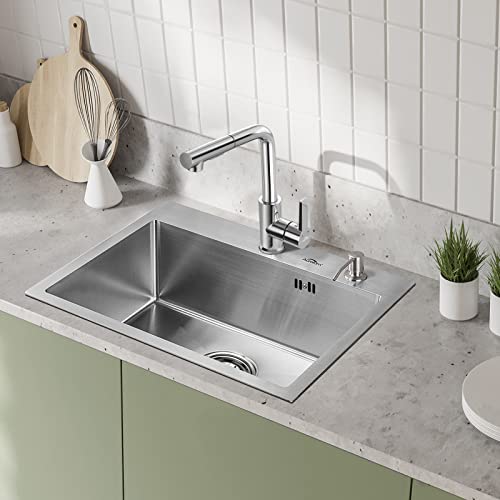 Auralum Spülbecken Edelstahl Eckig, Spüle Edelstahl 55x45cm, Einbauspüle mit Hahnloch, Spüle Küche inkl. Seifenspender und Siphon - Image 4