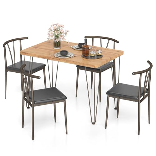 COSTWAY Conjunto de Mesa y Silla de Comedor, Mesa de Cocina Rectangular y 4 Sillas con Asiento Tapizado, Respaldo de Hueso, Estructura Metálica, Juego Mueble de Cocina, Roble Rústico + Negro