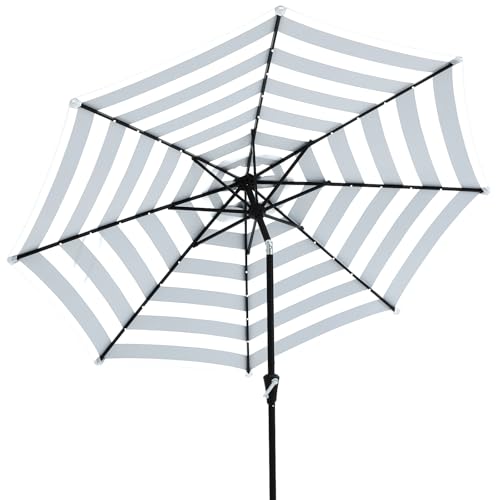 Image of JEAREY 9FT Outdoor Patio Umbrella with Solar Lights, LED Lighted Pool Umbrella with Tilt and Crank, Outdoor Table Umbrellas for Deck, Yard & Market (Black & White Stripe)