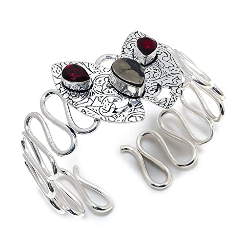 Bracelet agate pyrite grenat réglable en argent 925 fait main pour femme