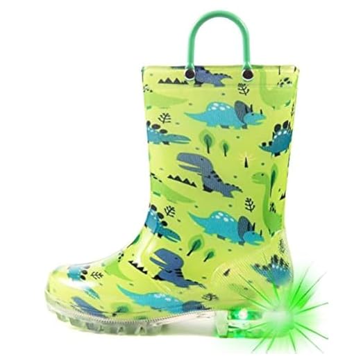 HugRain Botas de chuva leves para crianças pequenas, Dinossauro verde-claro, 12 Little Kid