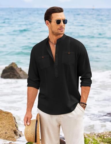 Image of Macsivo Cotton Blend Solid Casual Short Kurta for Men Long Sleeve Mandarin Collar Stylish Shirt Kurta for Men