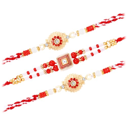 Image of Peora Rakhshabandhan Thread Rakhi for Brother Bhaiya | Crystals & Kundan Studded | Combo, Set of 3 | Rakhi Hamper with Roli Chawal & Greeting Card