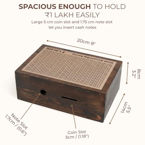 Image of Unbreakable Wooden Money Saving Box for Adults - 1 Lakh Capacity | Reusable Piggy Bank | Money Bank with Amount 100000 | One Lakh Gullak, Kidddy Bank for Kids, Men, Women, Girls, Boys | 1 Yr Warranty