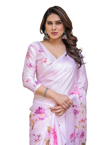 Image of ALMAARI FASHION Women's Floral Printed Georgette Satin Saree with Unstitched Blouse Piece | Traditional Ethnic Wear Sarees | Soft Lightweight Ethnic Office Wear Daily Wear Indian Sari (SG 181-190 SH)