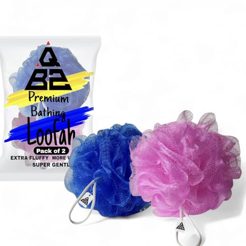 Image of QBZ Large Bath Loofah Sponge Scrubber Exfoliator for High Lather Cleansing (PINK & BLUE, 1 Count (Pack of 2))