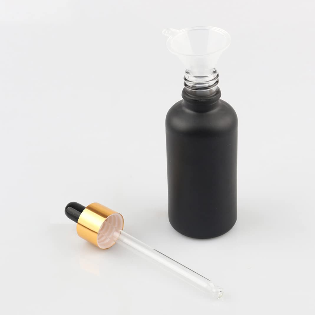 24 Pieza, 50ml Mate Negro Frasco Cuentagotas Cristal con Tapón de Rosca Oro, Botellas de Cristal con Pipeta, para Aromaterapia Aceites Esenciales