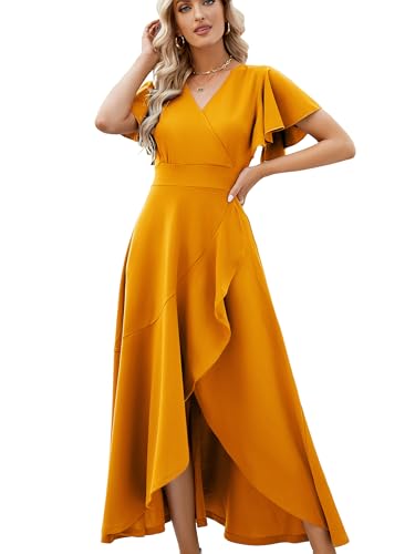 Image of Long Black Formal Dresses for Women Gowns Evening Party Cocktail Dress,Split Elegant V Neck Wrap Ruffle Wedding Guest Dresses