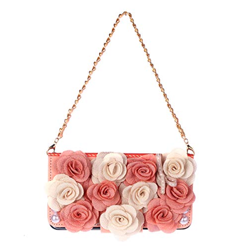 iPhone X/iPhone Xs Handbag Case for Women, DMaos Luxurious 3D Artificial Flower Decor Flip Leather Wallet Cover with Strap Chain, Cute Girly for iPhone 10/10s 5.8 inch (Pink White Rose)