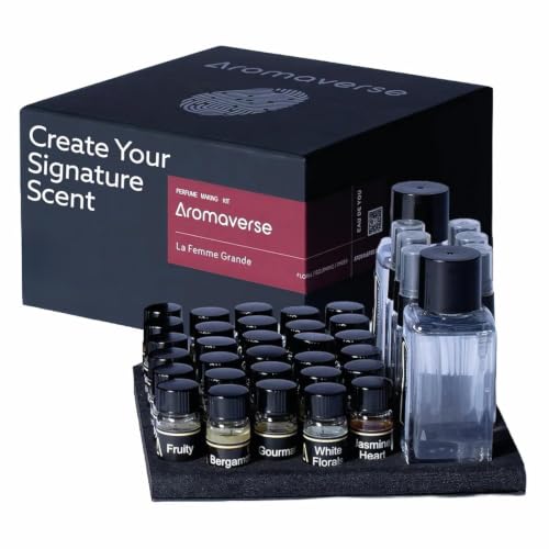 Aromaverse La Femme Grande Perfume Making Kit - Make Your Own Perfume Kit for Women & Men with 30 Aromatic Ingredients, Spray Bottles, Droppers & 6 Recipes, Feminine Floral, Gourmand & Amber Notes