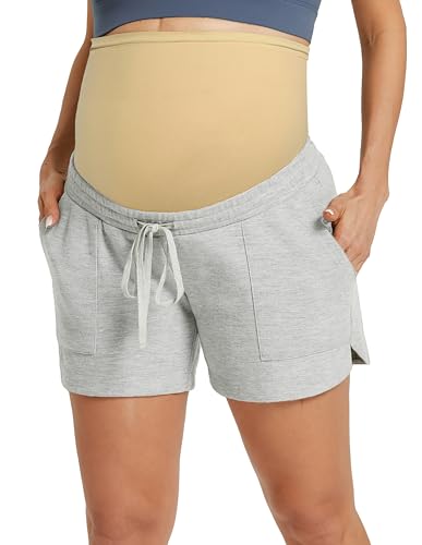 Maacie Maternity Casual Workout Shorts for Summer High Waist Drawstring Stretchy Maternity Sweat Shorts with Pockets Oatmeal Heather S