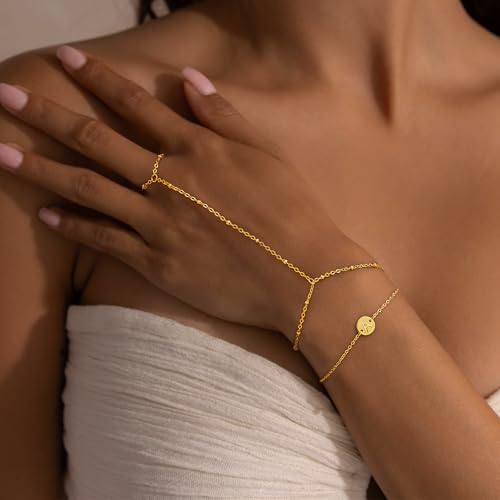 Gold Hand Chain Bracelet for Women - Dainty 14k Real Gold Plated Minimalist Finger Ring Bracelet Stack Letter A-Z Initial Link Charm Bracelets Non Tarnish Trendy Jewelry Gifts3