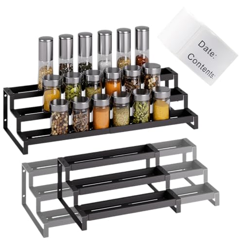 3-Tier Expandable Spice Rack Organizer | 14.4″-26.1″ Adjustable Carbon Steel Kitchen Cabinet Shelf, Non-Slip Ladder Design Holds 24 Jars, with 125 Seasoning Labels