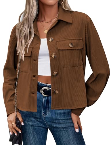 Hotouch Veste Femme Velours Côtelé Blouson Bombers Printemps Décontracté Courte Veste Chic Button Down Jacket Marron XXL