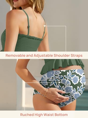 Image of Summer Mae Maternity High Waist Swimsuit Ruffle Hem Bikini Bathing Suit Shirred Bandeau Two Piece Pregnancy Swimwear