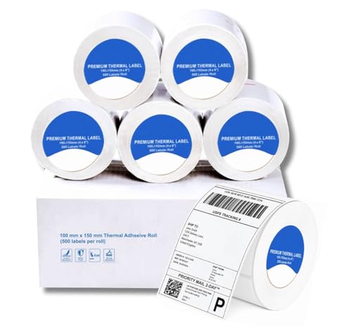 Etiquetas de envío térmico directo de 100 x 150 mm, 2500 etiquetas, 5 rollos de 500 etiquetas autoadhesivas blancas de alta calidad, compatibles con impresoras Zebra y MUNBYN para Amazon Royal Mail