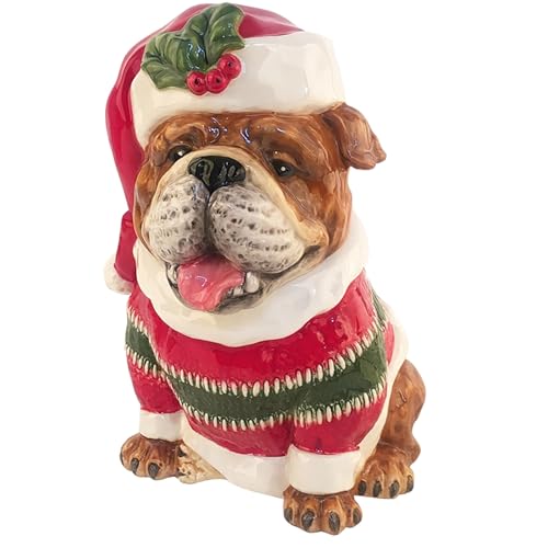 Blue Sky Clayworks Bulldog Cookie Jar, Ceramic, Holiday Sweater Kitchen Keepsake