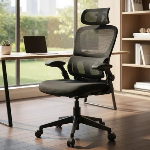 Cadeira de Escritório Ergonômica Giratória com Encosto de Cabeça e Lombar, Mesh Preto, Suporte até 200kg, Rodas Silenciosas