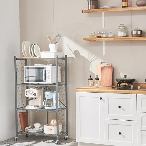 Image of BRIAN & DANY 4-Tier Foldable Storage Shelves with Wheels, Folding Metal Rack Shelving Unit, Heavy Duty No Assembly Organizer Shelf for Garage, Kitchen, Basement, Pantry, Gray