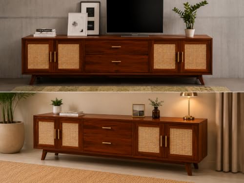 Image of Space Galaxy Solid Sheesham Wood TV Unit with Cane Rattan Doors | 4 Door Entertainment Cabinet with 2 Drawers | Wooden Media Console & Storage Stand for Living Room, Bedroom & Home | Honey Oak Finish