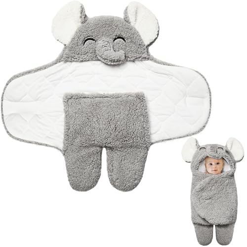 Image of Riyiper Elephant Baby Swaddle Blanket Adjustable Thick Fleece Plush Baby Winter Clothes Soft Newborn Gift Essential for Infants 0-6 Months Warm Newborn Receiving Blankets for Boys Girls Registry Gift