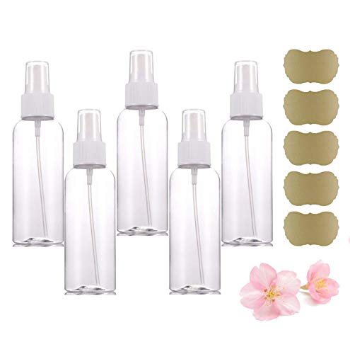 Fine Mist Clear Spray Bottles 3.4oz 100ml (5 PACK) Refillable Plastic Empty Bottle for Travel | Perfumes | Toner | Sanitizer (5 pack + labels)