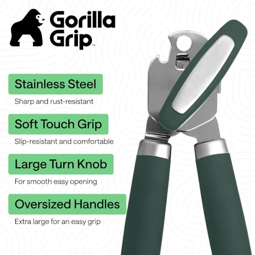 Image of GORILLA GRIP Heavy Duty Stainless Steel Smooth Edge Manual Can Opener and Bottle Openers, Soft Comfortable Handle, Oversized Handheld Turn Knob, US Designed Multifunctional Kitchen Tool, Hunter Green