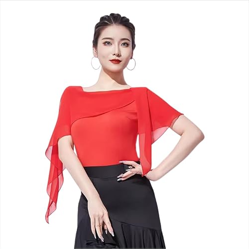 Yhhsgscr Short Sleeve Latin Performance Costume Women's Salsa Dance Tops Ballroom Clothing Dancewear for Samba Smooth Soft,Red,M