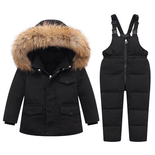 Toddler 2 Piece Ski Suits Winter Padded Hooded Puffer Jackets Bib Snow Pants Set Baby Boys (Black-1, 18-24 Months)
