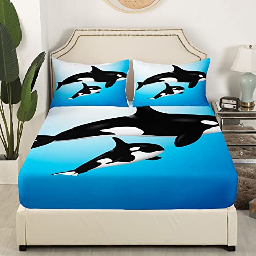 Ocean Whale Sheet Set Killer Whale Bedding Set For Kids Teen Boys Girls Deep Sea Animal Fitted Sheet With Baby Orcas Hawaiian Bed Cover With 2 Pillow Cases Full Size Teal Blue No Top Flat Sheet #TOP1