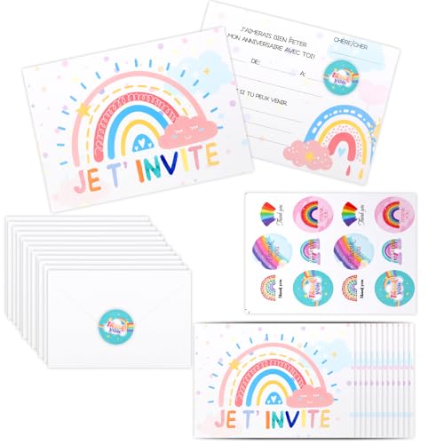 Scettar 12 Cartes d'Invitation Anniversaire avec Enveloppes Pour Garçon et Fille, Invitation Anniversaire Arc-en-ciel, Autocollants de Scellement Ronds