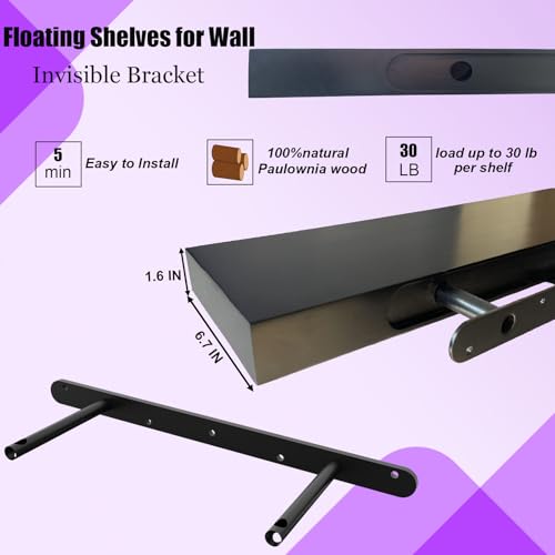 Image of IAE Floating Wall Shelves 24 inch,Bathroom Shelf Wall Mounted,Invisible Shelves Floating Kitchen Shelving,Wooden wall Shelf with Brackets for Living Room wall Mounted,Easy Install,Set of 2,Black