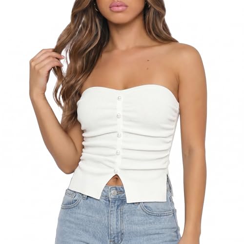 Image of CIDER Faux Pearl Tube Tops for Women Split Hem Knit Crop Y2K Going Out Tops | Cute Ruched Tops, Spring Summer Outfits, Vacation, Concert