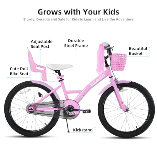 Image of KEANO Zinnia 14 16 20 Inch Kids Bike for Girls Ages 3-10 Years, Girls' Bikes with Training Wheels, Streamers, Basket and Doll Seat, Children Bicycles