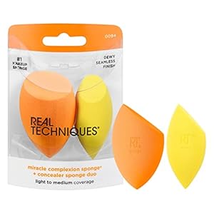 Real Techniques Miracle Complexion Sponge + Concealer Sponge Duo, Makeup Blending Sponges For Foundation & Concealer, Offers Light To Medium Coverage, Natural, Dewy Makeup, Latex-Free Foam 2 Count