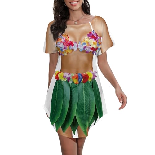 Women's Hawaiian Funny Bikini Shirt Cover Up Short Sleeve Beach Luau Party Baggy Body Printed T Shirt Dress