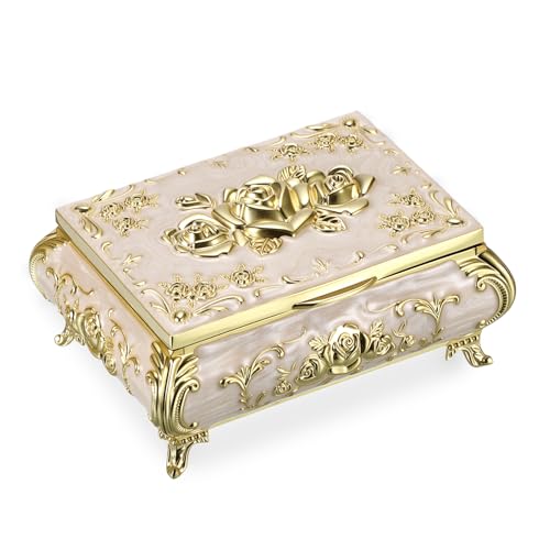 Hipiwe Vintage Jewelry Box Metal Trinket Chest Treasure Display Case for Rings Earrings Organizer Rectangular Decorative Keepsake Storage Box, Small