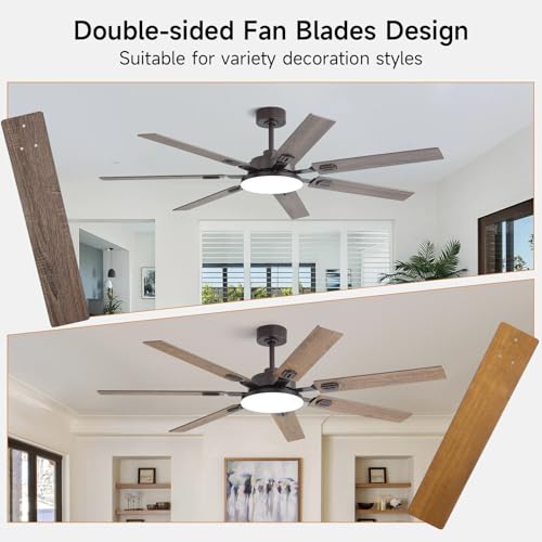 Image of 64 Inch Ceiling Fans with Lights and Remote, Bedroom Living Room Office Library Cafe Outdoor Industrial, 5CCT Dimmable, Dual Color 7 Blades, 6 Speed Reversible Quiet DC Motor, Brown /Wood Grain