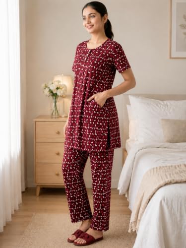 Image of KIAWAH Women Printed Night Suit Set, Cotton Blend Night Suit, A-Line Top and Pajama Set, Soft and Breathable Night Wear